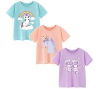 Pilipulu Camisetas de Manga Corta Niñas, Camiseta Algodon para Niña de Verano, Cuello Redondo T-Shirts Moda Informal Tops para Niños 6 Años, Azul/Rosa/Morado