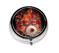 Pill Box Drummer Skeleton Fire Pill Case para monedero Lindo pequeño organizador de píldoras redondo de viaje