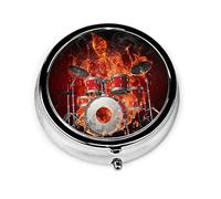 Pill Box Drummer Skeleton Fire Pill Case para monedero Lindo pequeño organizador de píldoras redondo de viaje