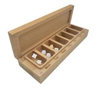 Pill Box, Weekly Organizer, Wooden Storage Case, 7-Day Labeled Compartments, Natural Wood, Portable Design for Travel Home Office Desk Use, 8.66x2.68x1.46 Inches, Brown, 1 Piece