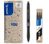 PILOT - Caja de 1 FriXion Ball 07 Plus + 1 Set de 3 Recambios - Bolígrafo Borrable con Tinta Termosensible - Rollerball Recargable y Retráctil - Fabricado con Plástico Reciclado - Negro - Punta Media