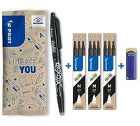 PILOT Caja de 1 FriXion Ball + 3 Set de 3 recambios + 1 goma -Bolígrafo rollerball recargable - Negro - Punta Media