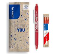 PILOT Caja de 1 Frixion Ball Clicker + 1 Set de 3 recambios - Bolígrafo retráctil borrable con tinta termosensible - Rollerball recargable y ergonómico - Rojo - Punta Media