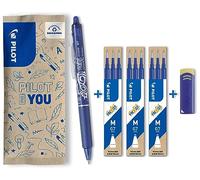 PILOT Caja de 1 FriXion Ball Clicker + 3 Set de 3 recambios + 1 goma -Bolígrafo retráctil borrable con tinta termosensible - Rollerball recargable y ergonómico - Azul - Punta Media