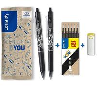 PILOT - Caja de 2 FriXion Ball Clicker + 1 Set de 6 Recambios + 1 Goma - Bolígrafo Retráctil Borrable con Tinta Termosensible - Rollerball Recargable y Ergonómico - Negro - Punta Media