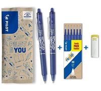 PILOT - Caja de 2 FriXion Ball Clicker + 1 Set de 6 recambios + 1 goma -Bolígrafo retráctil borrable con tinta termosensible - Rollerball recargable y ergonómico - Azul - Punta Media