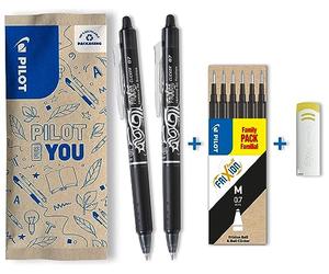 PILOT - Caja de 2 FriXion Ball Clicker + 1 Set de 6 Recambios + 1 Goma - Bolígrafo Retráctil Borrable con Tinta Termosensible - Rollerball Recargable y Ergonómico - Negro - Punta Media