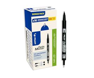 PILOT - Caja de 20 Twin Marker - Rotuladores Permanentes 2 en 1 - Trazo Ultrapreciso para Múltiples Superficies - Fabricados con Plástico Reciclado - Negro - Doble Punta Fina y Extrafina