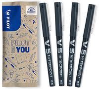 PILOT - Caja de 4 V5 - Bolígrafos roller con tinta líquida - Punta de aguja Fina para Escritura Suave y Precisa - Secado rápido, antimanchas - Negro - Punta Fina (0,5mm)
