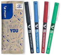 PILOT - Caja de 4 V5 - Bolígrafos roller con tinta líquida - Punta de aguja Fina para Escritura Suave y Precisa - Secado rápido, antimanchas - Negro, Azul, Rojo, Verde - Punta Fina (0,5mm)