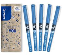 PILOT Caja de 5 V5 - Bolígrafos roller con tinta líquida - Punta de aguja Fina para Escritura Suave y Precisa - Secado rápido, antimanchas - Azul - Punta Fina (0,5mm)
