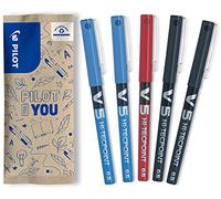 PILOT Caja de 5 V5 - Bolígrafos roller con tinta líquida - Punta de aguja Fina para Escritura Suave y Precisa - Secado rápido, antimanchas - 2 Azul, 2 Negro, 1 Rojo - Punta Fina (0,5mm)