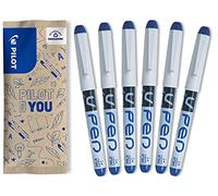 PILOT Caja de 6 plumas estilográficas V-Pen - Tinta borrable - Plumín de acero, resistente y suave con el papel - Azul - Plumín Mediano