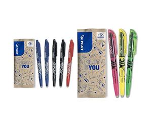 PILOT Flowpack 5 uds Frixion Ball -Bolígrafo Roller borrable-2 Azul, 2 negro, 1 rojo-Punta Media & Flowpack 3 uds Frixion Light - Marcador fluorescente borrable - Amarillo, Rosa, Verde