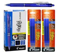 Pilot FriXion Clicker - Bolígrafos de tinta de gel retráctiles, borrables, punta fina de 0,7 mm, tinta azul, paquete de 12 con 2 paquetes de recambios