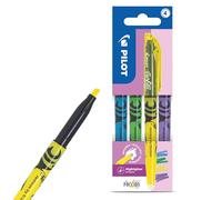 Pilot FriXion - Juego de 4 rotuladores fluorescentes borrables ligeros, azul, verde, amarillo y morado, tinta termosensible, sin manchas, flujo suave, punta de 4 mm con clip para estudiar diarios,