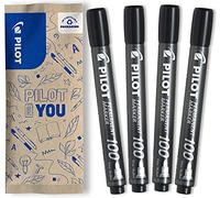PILOT Set de 4 Rotuladores Permanentes SCA 100 - Tinta Indeleble para Todas las Superficies - Alta Cobertura y Durabilidad - Negro - Punta de Bala Fina