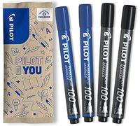 PILOT Set de 4 Rotuladores Permanentes SCA 100 - Tinta Indeleble para Todas las Superficies - Alta Cobertura y Durabilidad - 2 Negro, 2 Azul - Punta de Bala Fina