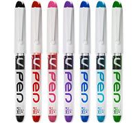 PILOT V Pen - Pluma estilográfica desechable borrable de 0,6 mm, punta media, 7 unidades, color negro, rojo, rosa, morado, azul, pavo real y verde