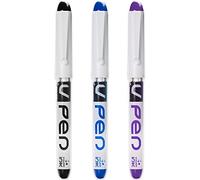PILOT V PEN - Pluma estilográfica desechable borrable, punta de punta de 0,6 mm, línea media, paquete de 3, tinta negra, azul y violeta