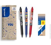 PILOT x NARUTO - 3 uds FriXion Ball Clicker, Negro, Azul, Rojo + 1 Set de 6 recambios azules - Bolígrafo borrable - Naruto Shipudden Edición Limitada - Bolígrafos roller retráctil - Punta media
