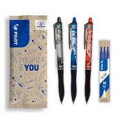 PILOT x ONE PIECE - Caja de 3 Frixion Ball Plus, Negro, Azul, Rojo + 1 Set de 3 Recambios Azules + 4 Stickers - Bolígrafos Borrables - Edición Limitada One Piece - En plástico reciclado - Punta Media