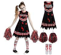PILUZEAT Disfraz de Animadora Zombie Halloween para NiñOs Niñas Vestido Negro Sangre Con Pompones y Calcetines Para Carnaval Cosplay Mascarada Fiesta Temática de Terror 110-150 CM