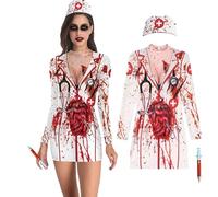 PILUZEAT Halloween Disfraz de Enfermera para Adulto Mujer Terror Blanca Vestido Zombie Sangriento Terror Doctores Carnaval Cosplay Mascarada Temática Fiesta S-XXL