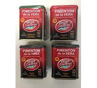 Pimentón ahumado de la Vera con tres sabores. Pack de 4 latas de pimentón de la Vera Ahumado, Agridulce, dulce y picante