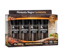 Pimienta Negra Carmencita en grano, Formato molinillo gigante, Para moler al momento y potenciar el sabor debplatos con un toque aromático, cálido y ligeramente picante, Contiene 4 unidades de 190 g