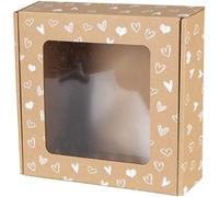 PIMKO 50 paquetes de 20 x 20 x 5 cartón kraft marrón con impresión de corazones con ventana de PVC transparente pastelería caja decorativa caja de regalo para dulces y otras artesanías