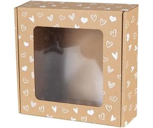 PIMKO 50 paquetes de 20 x 20 x 5 cartón kraft marrón con impresión de corazones con ventana de PVC transparente pastelería caja decorativa caja de regalo para dulces y otras artesanías