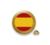 Pin bandera de España (sin escudo) en gota relieve. Montado en base de 20 mm de diámetro de zinc dorado. Con biselado ornamental tipo guirnalda - enganche tipo mariposa
