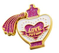 Pin con licencia de Harry Potter Amortentia con bordes dorados rellenos de esmalte blanco y purpurina rosa brillante, 3,5 x 3 cm, Metal