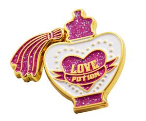 Pin con licencia de Harry Potter Amortentia con bordes dorados rellenos de esmalte blanco y purpurina rosa brillante, 3,5 x 3 cm, Metal