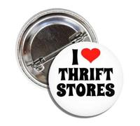 Pin de botón divertido con texto en inglés "I Love (Heart) Thrift Stores, Metal, Metal