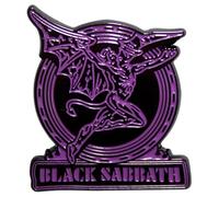 Pin de demonio con logotipo de color morado con texto en inglés "Black Sabbath", talla única