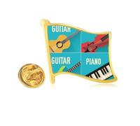 Pin de solapa con diseño de bandera de metal dorado con patrón de guitarra, violín y piano