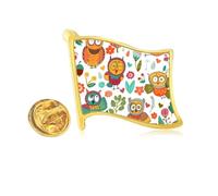 Pin de solapa con diseño de búhos y flores, diseño de bandera de metal dorado