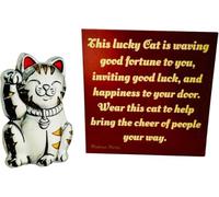 Pin de solapa de gato chino de la buena fortuna agitando gatito de metal y tarjeta de historia de leyenda, juego de regalo