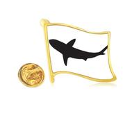 Pin de solapa de metal dorado con diseño de tiburón del océano y pez feroz