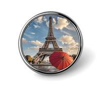 Pin de solapa de metal personalizado de la Torre Eiffel con paraguas rojo, broche redondo clásico, pin esmaltado único, lindo y divertido pin para chaquetas, mochilas, bolsos, abrigos