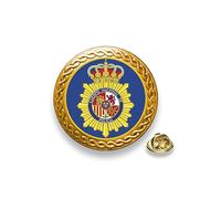 Pin emblema del Cuerpo de la Policia Nacional de España - Montado en base de 20 mm de diámetro de zinc dorado. Con biselado ornamental tipo guirnalda - enganche tipo mariposa