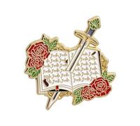 Pin esmaltado de libro y espada con decoración de rosas, broche temático literario para los amantes de los libros