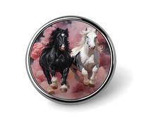 Pin redondo de aleación de aluminio con diseño de caballos blancos y negros corriendo entre nubes, atardecer en la playa y reflejo del océano. Broche decorativo para chaquetas, mochilas, sombreros y c