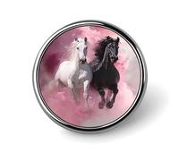 Pin redondo de aleación de aluminio con diseño de caballos blancos y negros corriendo entre nubes rosas, atardecer en la playa y reflejo del océano. Broche decorativo para chaquetas, mochilas, sombrer
