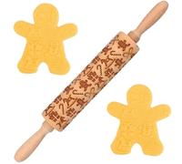 Pin rodante de Navidad Madera de madera de 14 pulgadas Man de jengibre Rolling Rolling con bastón de caramelo, caja de regalo y caballo para hornear galletas, pastel, en relieve
