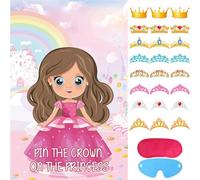 Pin The Crown on The Princess con 24 coronas, póster grande de juegos de fiesta de princesa para niños, fiesta de cumpleaños, carnaval, suministros de fiesta (8 coronas de estilo)