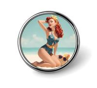 Pin-up en la playa, redondo, para solapa, broche, insignia, corbata, sombrero, ropa, joyería y accesorios.