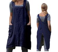 Pinafore Delantal con espalda cruzada para mujer con bolsillos, delantal japonés para trabajo, jardinería, cocina, pintura y horneado, Azul / Patchwork, Medium